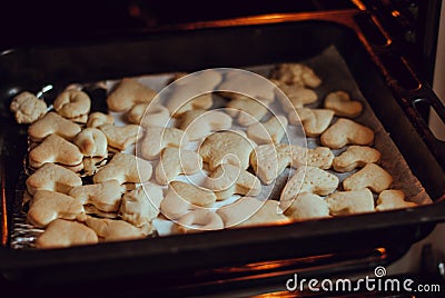 Fresh baked homemade cookies in oven. Stock Photo