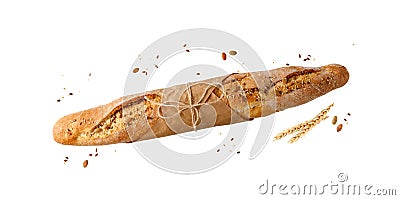 Fresh baked loaf wheat baguette bread flying with sesame, sunflower and pumpkin seeds isolated on white Stock Photo