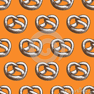 Fresh baked salted sesam pretzel seamless pattern. German traditional oktoberfest baked goods. Vector Illustration