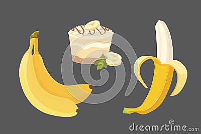 Fresh banana fruits, collection of vector illustrations. Peeled and sliced bananas Vector Illustration