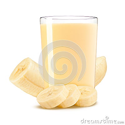 Fresh banana shake in a glass and banana pieces on white background Stock Photo