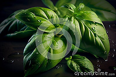 Fresh Basil herb leaves. Green seasoning plant. Close up view. Generative Ai Stock Photo