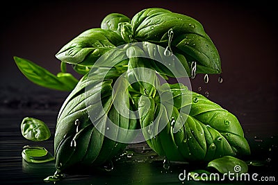 Fresh Basil herb leaves. Green seasoning plant. Close up view. Generative Ai Stock Photo