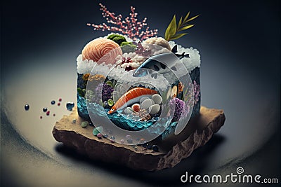 Fresh Beautiful Sushi Setup with Salmon Maki and Misterious Ingredients. Ai generated Stock Photo