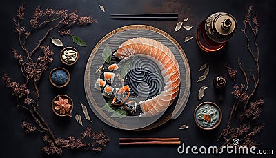 Fresh Beautiful Sushi Setup with Salmon Maki and Mysterious Ingredients Stock Photo