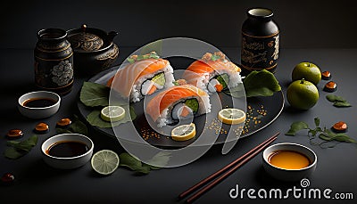 Fresh Beautiful Sushi Setup with Salmon Maki and Mysterious Ingredients Stock Photo