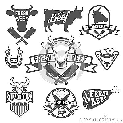 Fresh beef labels. Butchery store labels. Cow heads icons Vector Illustration