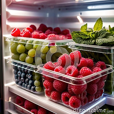 Fresh berries fruit stored neatly in organized clear pastic containers Stock Photo