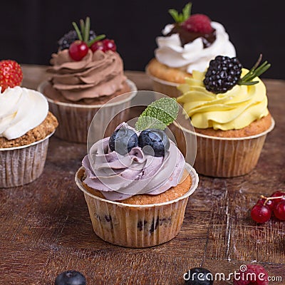 Sweet colourfull fruits cakes flatlay Stock Photo