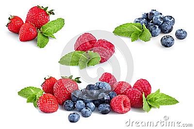 Fresh Berries Isolated on the White Background. Ripe Sweet Strawberry, Raspberry, Blueberry Stock Photo