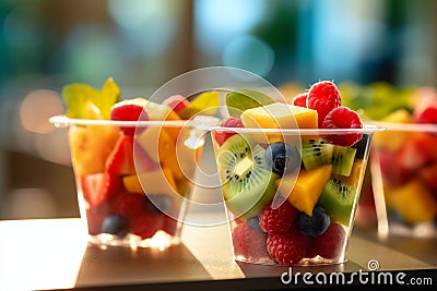 Fresh berries and pieces of fruit in a plastic glass to take away as a snack. Unsustainable packaging. Copy space Stock Photo