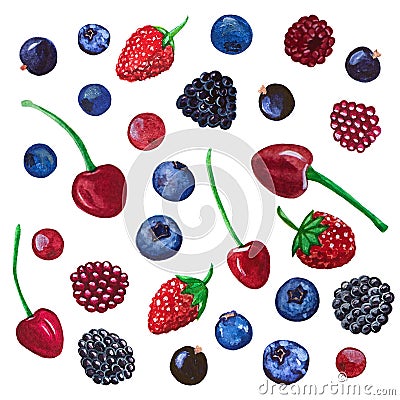 Fresh berries. Set of watercolor multi-colored fruits. Stock Photo