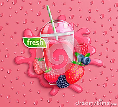 Fresh berry blend juice with slice berries. Vector Illustration