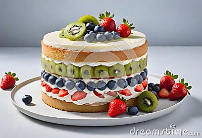 Fresh Berry and Kiwi Layer Cake Stock Photo