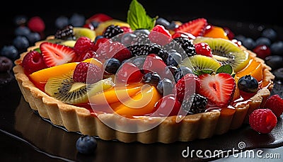 Fresh berry tart with raspberry and strawberry on homemade pastry dough generated by AI Stock Photo