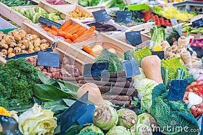 Fresh bio vegetables on farmer market in Paris, France. Typical European local farmer market Stock Photo
