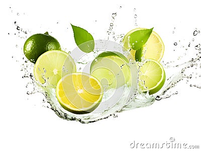 Fresh bitter lime citrus with splashes of water isolated Stock Photo