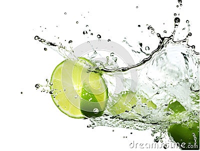 Fresh bitter lime citrus with splashes of water isolated on white Stock Photo