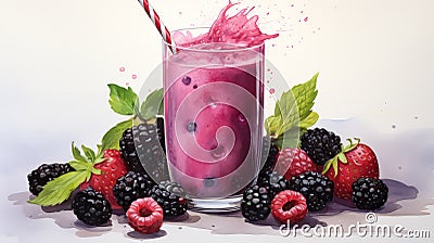 Fresh Blackberry Smoothie with fruits on white background Illustration. A glass of Blackberry juice with Blackberry and fruits on Stock Photo