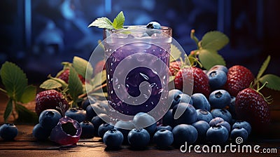 Fresh Blueberries juice and blueberries on table. AI generated Stock Photo