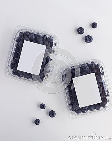 two Fresh blueberries pack, white label on white background Stock Photo