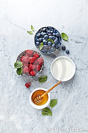 Fresh Blueberries and Raspberries with Honey, Jogurt and Mint Leaves on gray marble background. Stock Photo