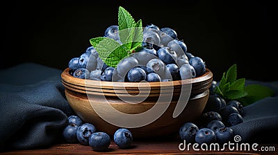 Fresh blueberries and spearmint in clay bowl on wooden table, rustic harvest scene Stock Photo