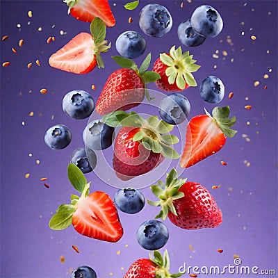 Fresh blueberries and strawberries falling on violet background Stock Photo