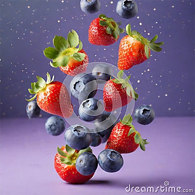 Fresh blueberries and strawberries falling on violet background Stock Photo