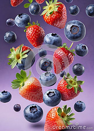 Fresh blueberries and strawberries falling on violet background Stock Photo