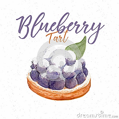 Fresh blueberry tart, hand draw sketch wate rcolor Vector Illustration