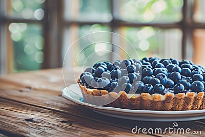 Fresh blueberry tart on rustic wooden table, homemade dessert Stock Photo