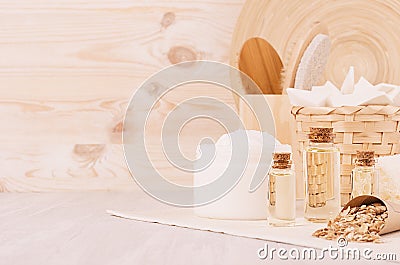 Fresh body and skin care spa cosmetics collection and natural bath accessories in beige wood bathroom. Stock Photo