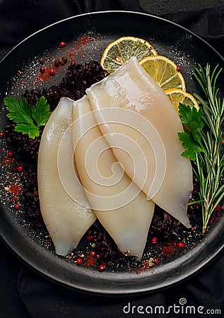 Fresh body, squid, raw, three carcasses, top view, no people , on a plate, Stock Photo
