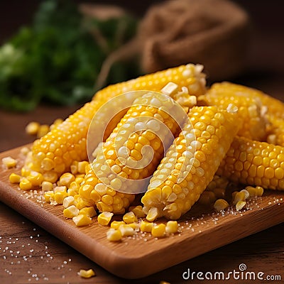 Fresh boiled corn cobs with sea salt and basil on the serving board on black rustic background. Healthy diet food concept Stock Photo