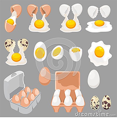 Fresh boiled and fried eggs. Cartoon broken eggs with cracked eggshell, in cardboard box and egg half with yolk. Chicken Vector Illustration