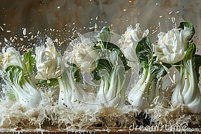 Fresh Bok Choy Splashing in Water Against Rustic Background Asian Cuisine Ingredient in Dynamic Motion Stock Photo