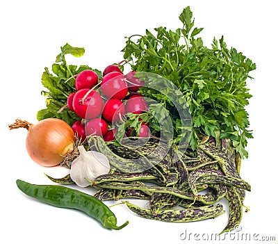 Fresh Borlotti Beans, garlic, onion, parsley and athe vegetable Stock Photo