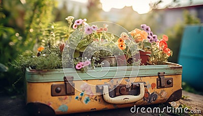 Fresh bouquet of old fashioned flowers in antique suitcase generated by AI Stock Photo
