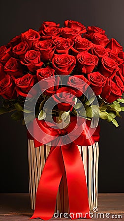 A fresh bouquet of red roses in a stylish package with a ribbon and a bow Stock Photo