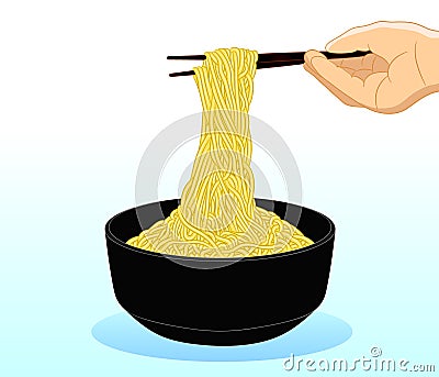 Fresh bowl of Chinese, Ramen noodles on chopsticks in hand on white Vector Illustration