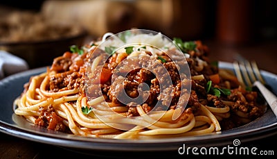 Fresh bowl of homemade bolognese pasta sauce generated by AI Stock Photo
