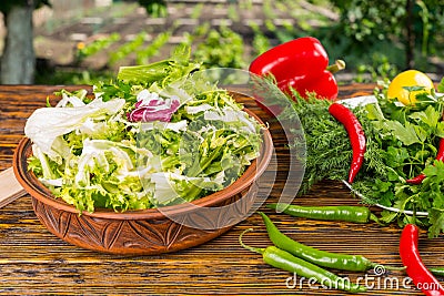 Fresh bowl of salad greens on table Stock Photo