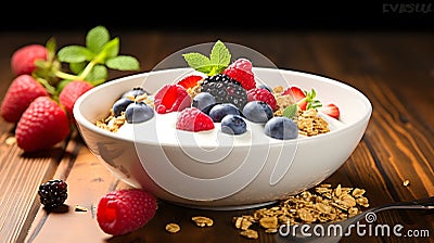 fresh bowl of yogurt with granola and fresh fruits. Stock Photo