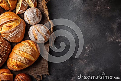 Fresh bread, buns, loaves, rolls on rustic black wooden background, top view, text copy space Stock Photo