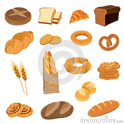 Fresh Bread Flat Icons Set Vector Illustration