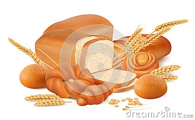 Fresh bread. Pretzels rolls bagels baking from wheat flour delicious bakery homemade sliced products vector isolated Vector Illustration