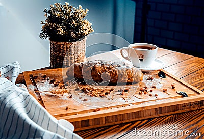 Fresh bread Wooden table Stock Photo