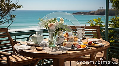 Fresh breakfast in a beautiful location with sea views. AI Generated Stock Photo