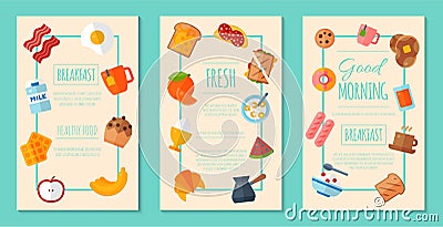 Fresh breakfast concept set of posters or banners vector illustration. Healthy start day. Eating in the morning. Good Vector Illustration